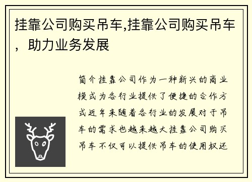 挂靠公司购买吊车,挂靠公司购买吊车，助力业务发展
