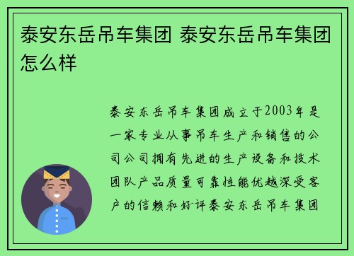 泰安东岳吊车集团 泰安东岳吊车集团怎么样