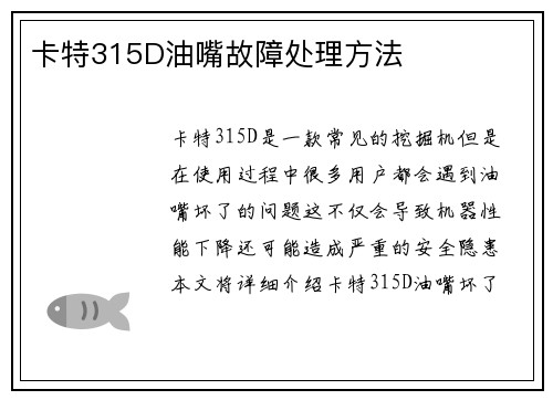 卡特315D油嘴故障处理方法